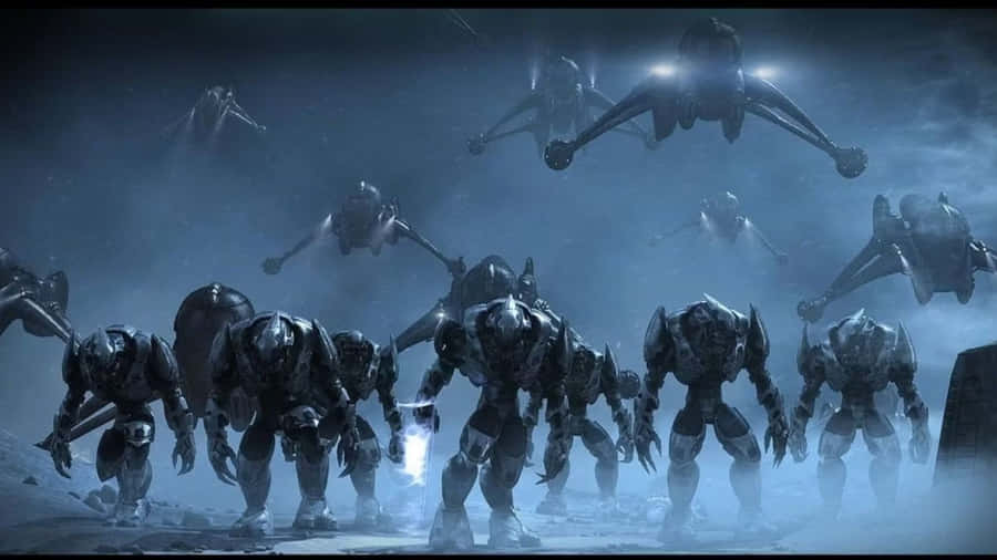 Powerful Sangheili Warrior Wielding A Plasma Rifle Against An Intense Backdrop Wallpaper