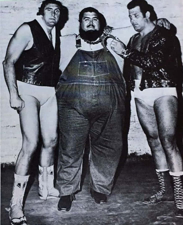 Professional Wrestler Haystacks Calhoun With Tex Mckenzie And Mario Milano Wallpaper