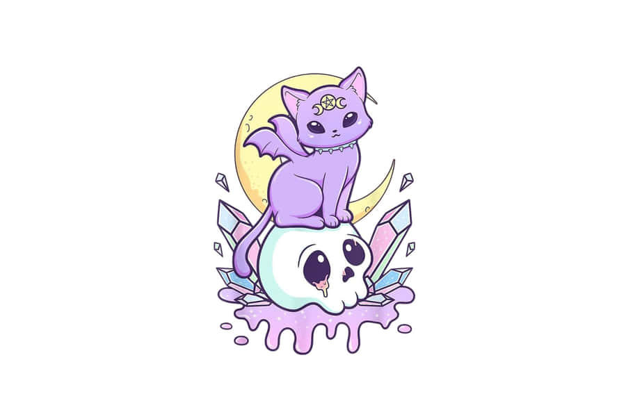 Purple Cat Sitting On Skull Illustration Wallpaper
