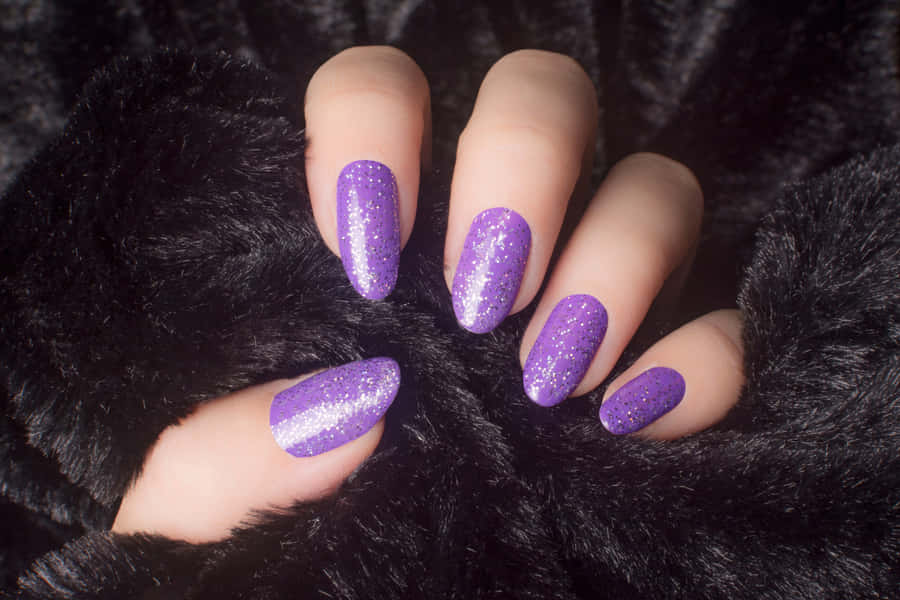 Purple Glitter Almond Nails Black Fur Background Wallpaper