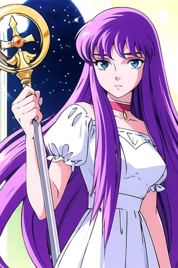 Purple Haired Anime Characterwith Scepter Wallpaper
