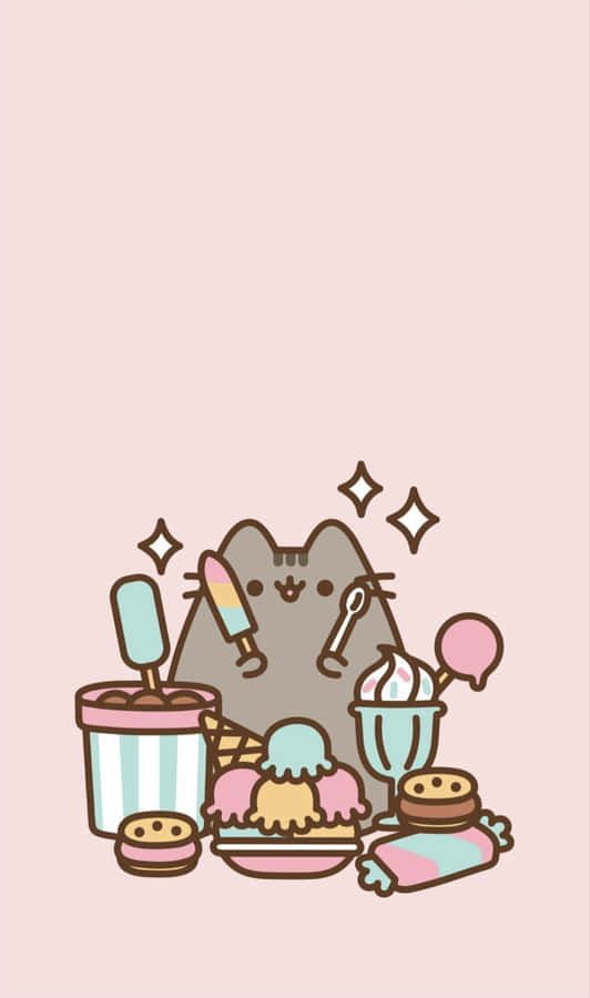 Pusheen Kawaii With Tasty Treats Wallpaper