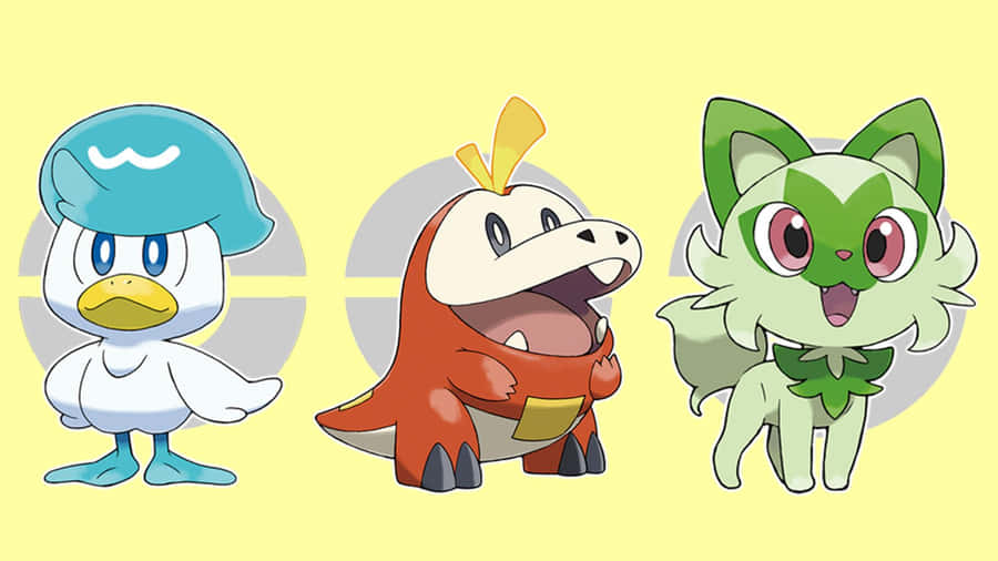 Quaxly, Fuecoco, Sprigatito On Yellow Background Wallpaper