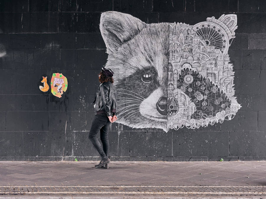 Raccoon And Woman Urban Art Wallpaper