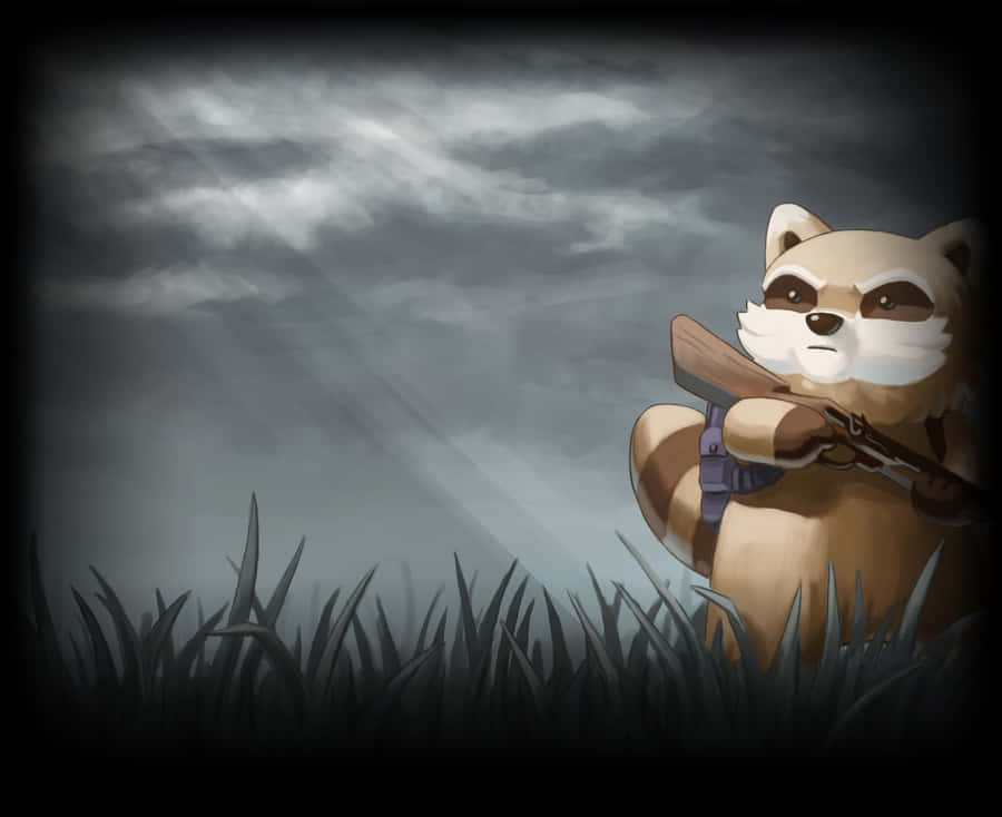Raccoon_ Warrior_in_ Grassy_ Field Wallpaper