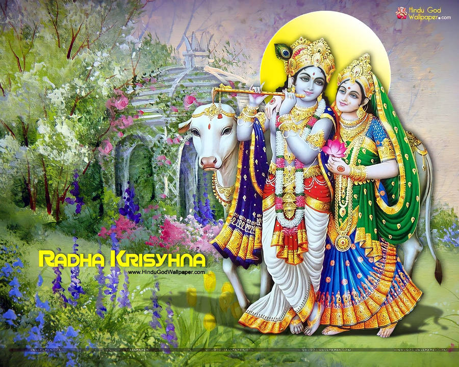 Radha Krishna 3d In Garden Setting Wallpaper
