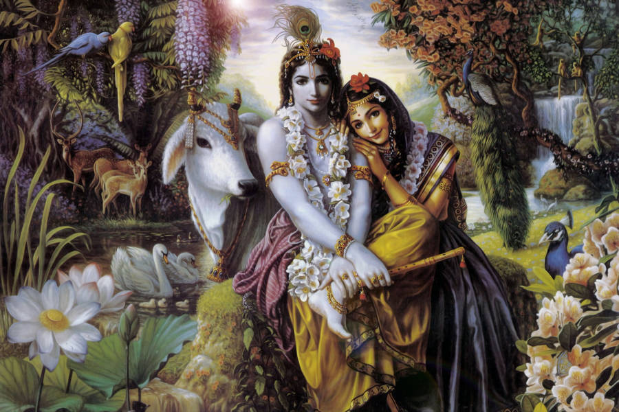 Radha Krishna 3d Surrounded By Animals Wallpaper
