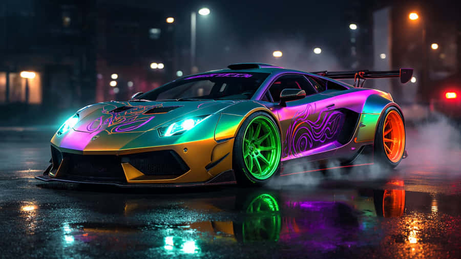 Rainbow Lamborghini Night Drift Wallpaper