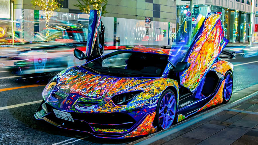 Rainbow Lamborghini With Scissor Doors Wallpaper