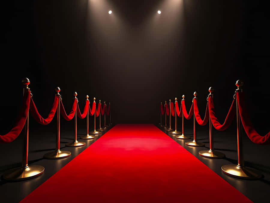 Red Carpet And Gold Stanchions Under Bright Spotlights In The Darkness Wallpaper