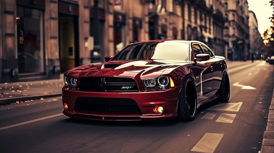 Red Dodge Charger Hellcat Urban Backdrop Wallpaper