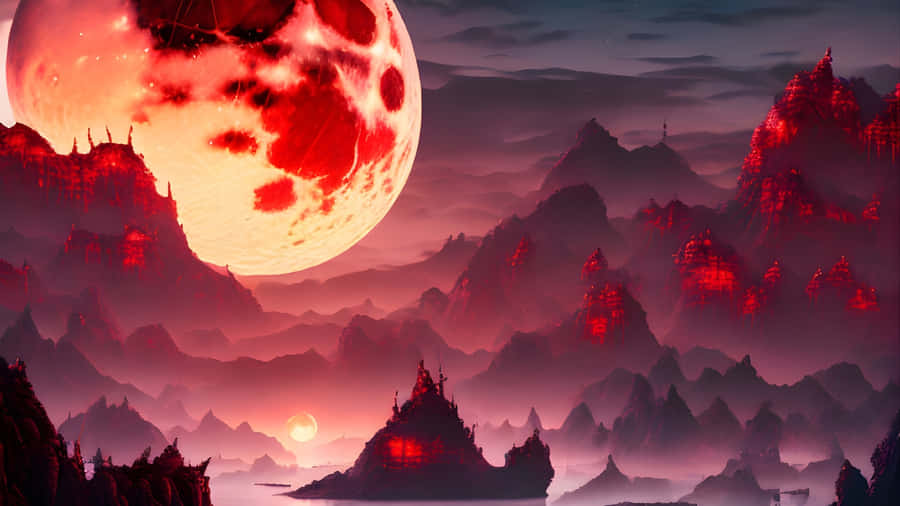 Red Moon Over Dark Mountains Wallpaper