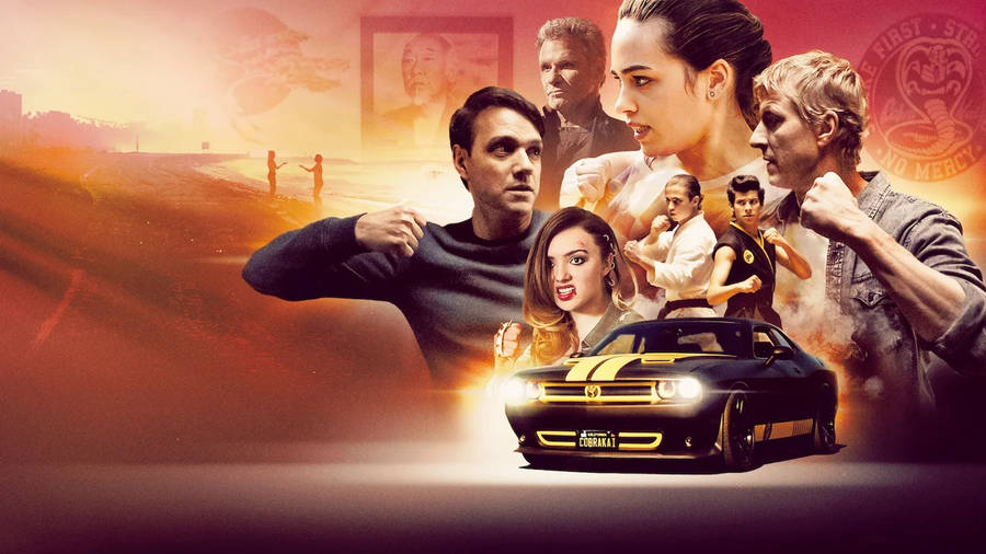 Red Mustang Car In Cobra Kai Style Wallpaper