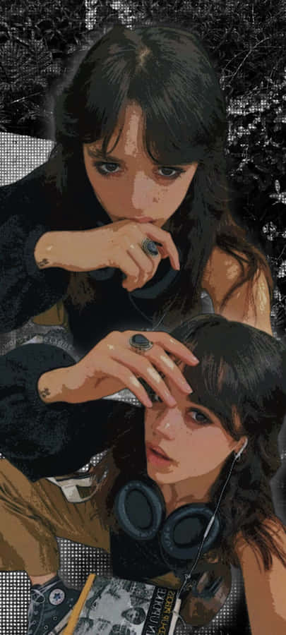 Reflective_ Twin_ Girls_with_ Headphones_ Artwork Wallpaper