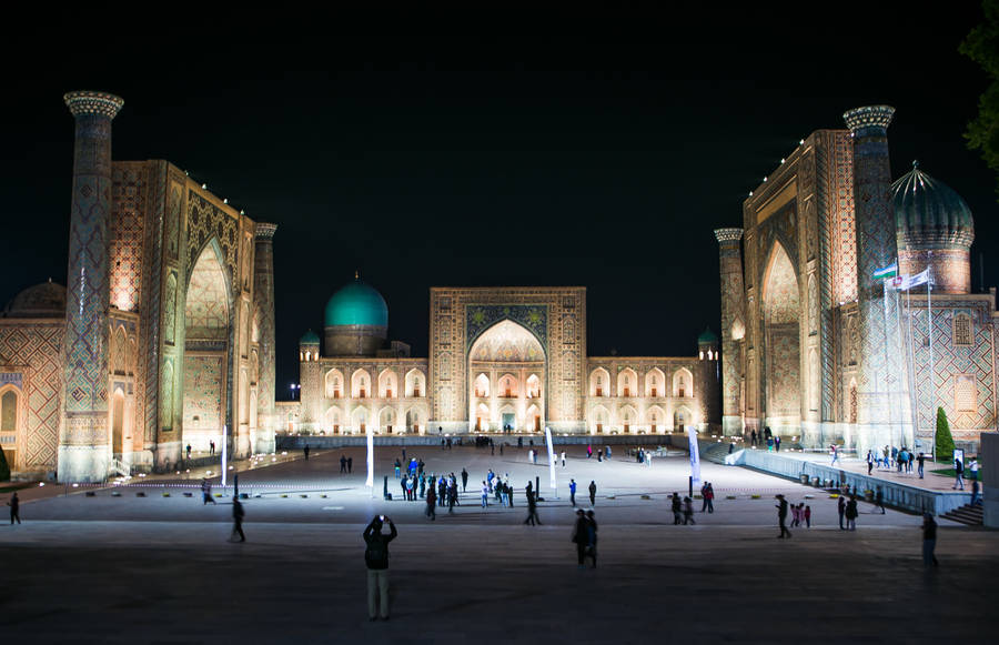 Registan Square Samarkand With People Wallpaper