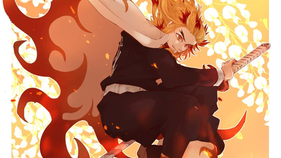 Rengoku Kyojuro Wielding His Fiery Sword, Flame Hashira Of The Demon Slayer Corps Wallpaper