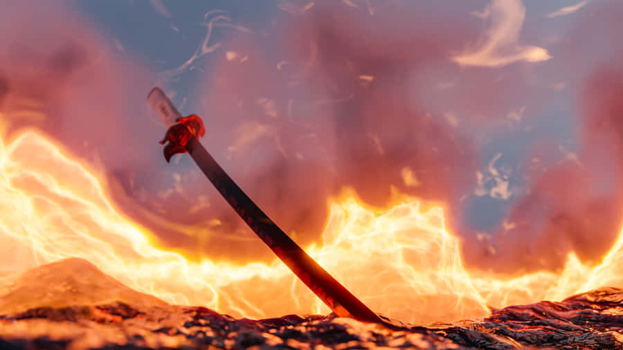 Rengoku Kyojuro With Fiery Sword Wallpaper