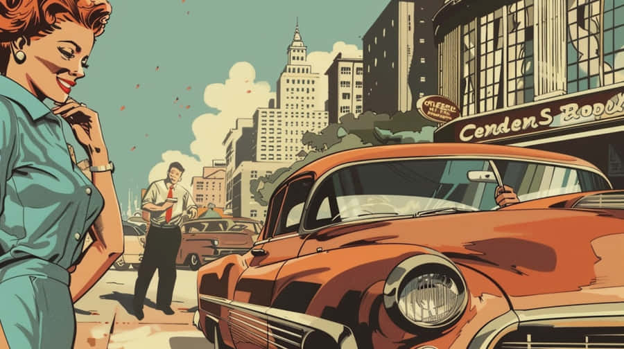 Retro Comic Cityscapewith Vintage Carand Characters Wallpaper