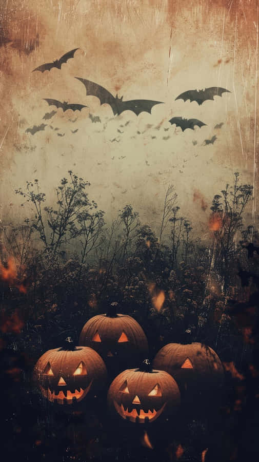 Retro Halloween Pumpkinsand Bats Wallpaper
