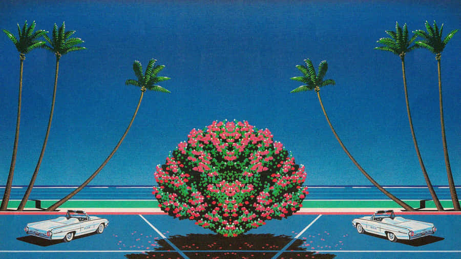 Retro Seaside Palm Treesand Classic Car Art Wallpaper