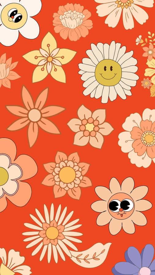 Retro Smiling Flowers Pattern Wallpaper