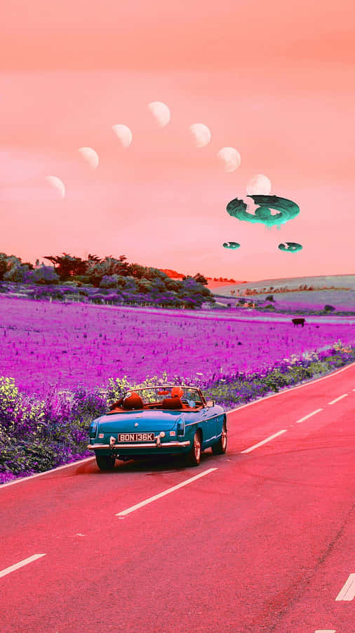 Retro Summer Roadtripwith U F Os Wallpaper