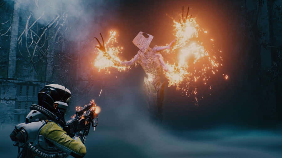 Returnal Combat With Fiery Enemy Wallpaper