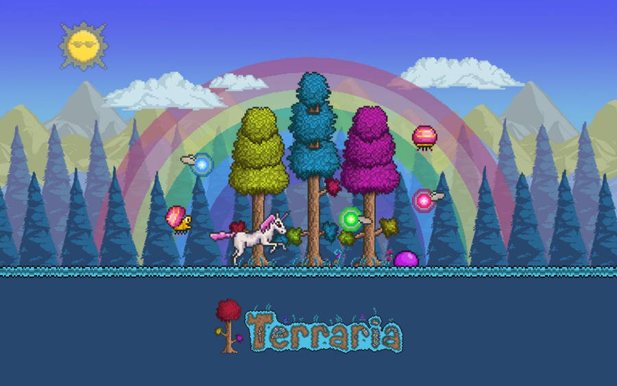 Ride The Magical Rainbow With The Hallow Unicorn In Terraria Wallpaper