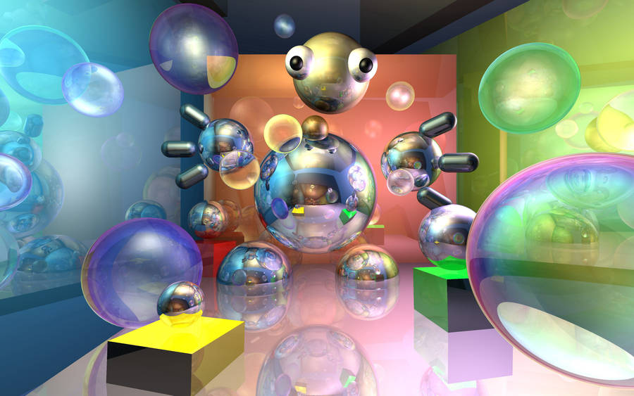 Robot Exploring 3d Bubbles Wallpaper