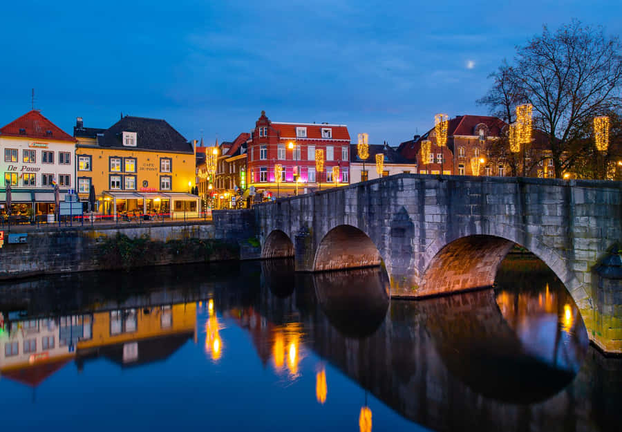 Roermond River Evening Lights Wallpaper