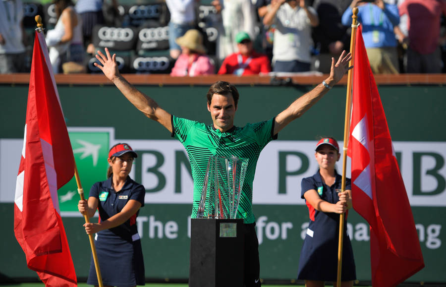 Roger Federer With Two Flags Wallpaper