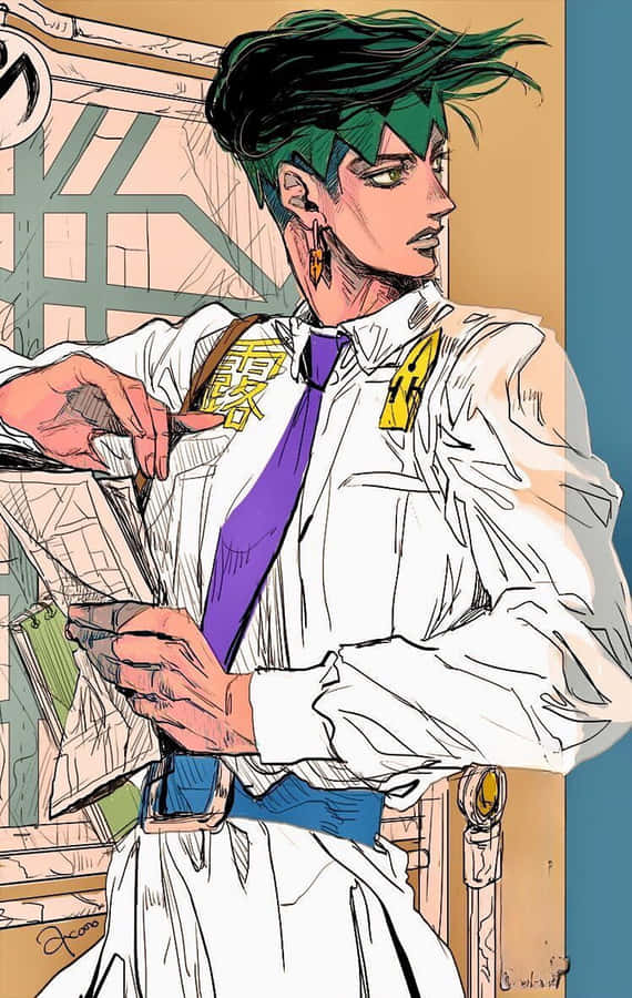 Rohan Kishibe Striking A Pose In His Iconic Outfit Wallpaper