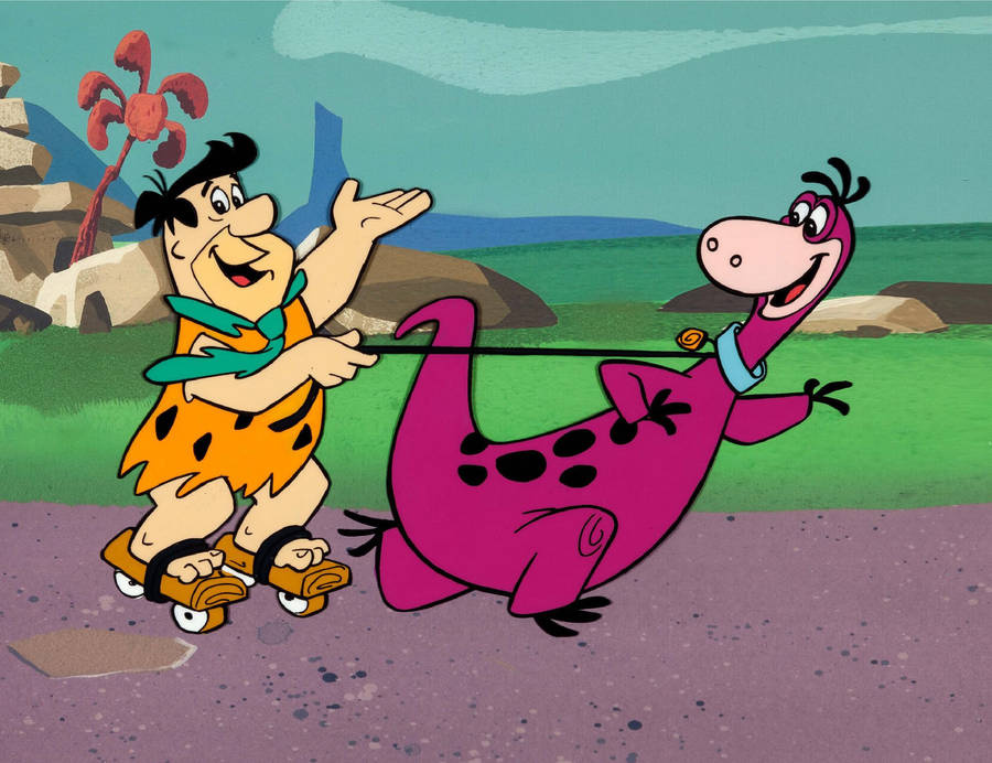 Rollerblading Fred Flintstone And Dino Wallpaper