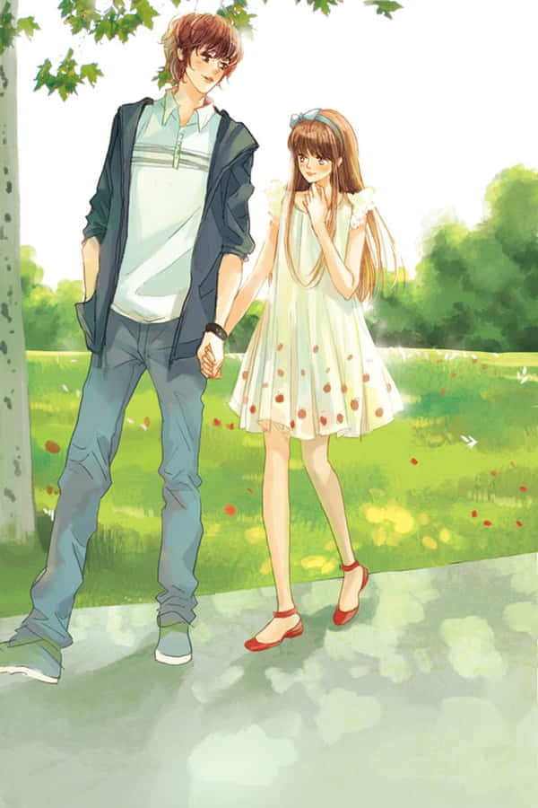 Romance Anime Couple Holding Hands Under Tree Wallpaper