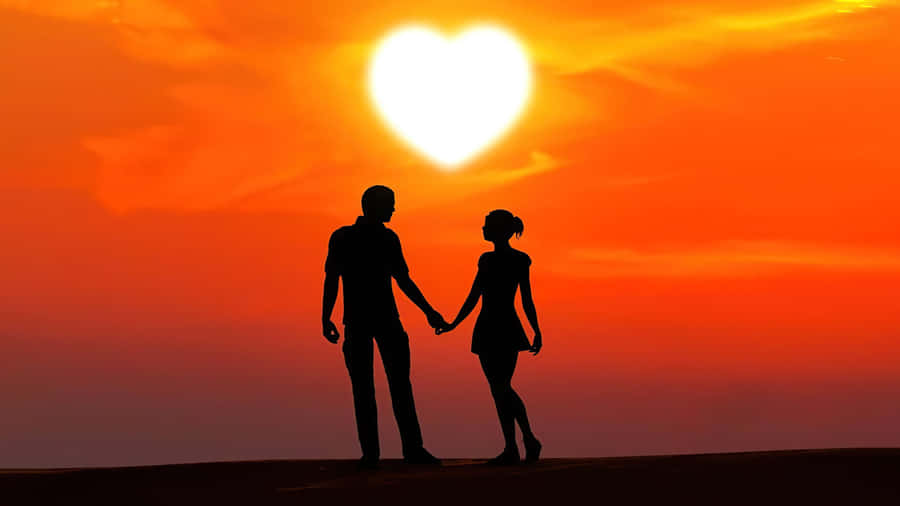 Romantic Couple Sunset Heart Silhouette Wallpaper