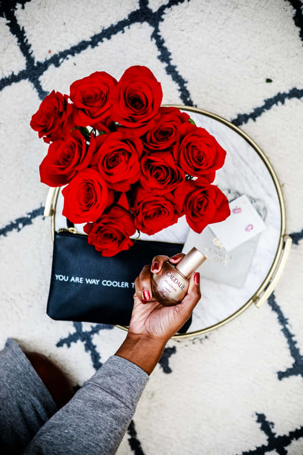 Rose Bouquet And Perfume Aesthetic Valentine's Day Wallpaper