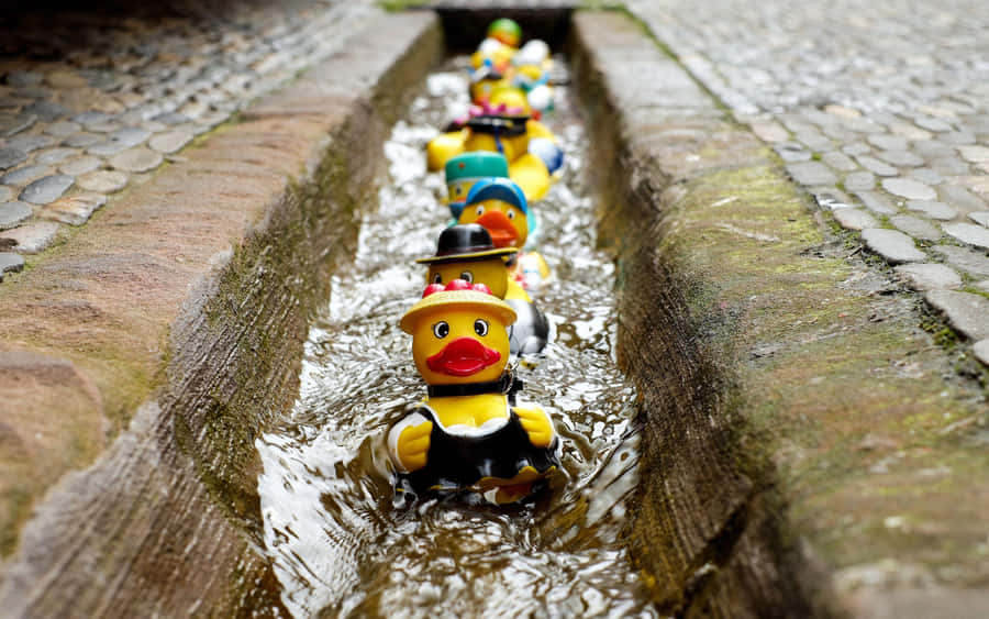 Rubber Ducksin Row Urban Stream Wallpaper