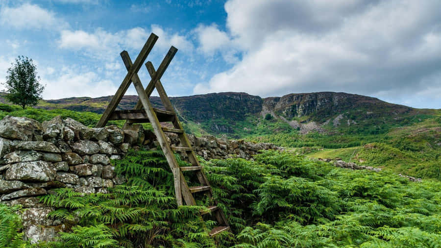 Rustic Stile Over Stone Wall Countryside Wallpaper
