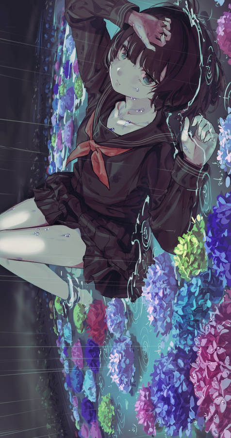 Sad Aesthetic Anime Girl Rainy Flowers Wallpaper