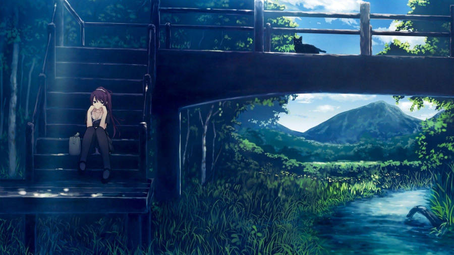 Sad Anime Girl On Bridge Wallpaper