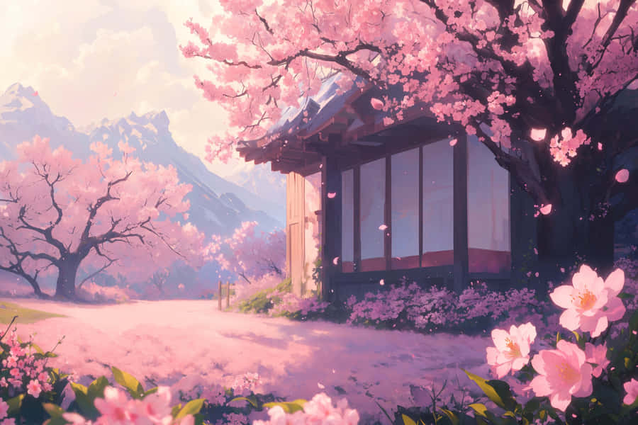 Sakura Blossom Traditional House Anime Scene Wallpaper
