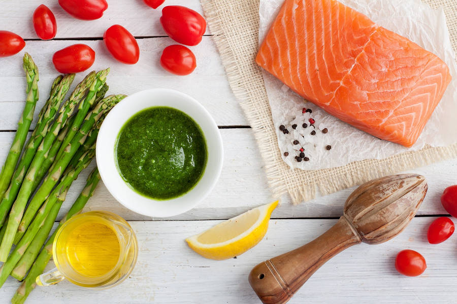 Salmon Asparagus Lemon And Green Sauce Wallpaper