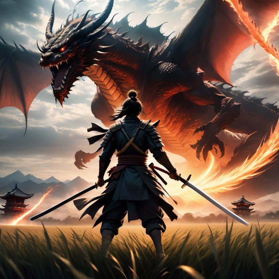 Samurai Facing Dragon Fantasy Art Wallpaper