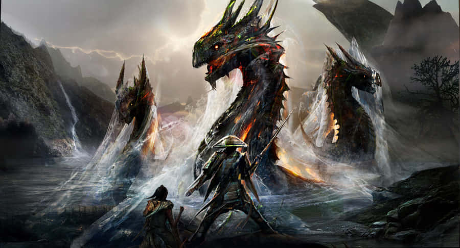 Samurai Facing Dragon Fantasy Artwork Wallpaper