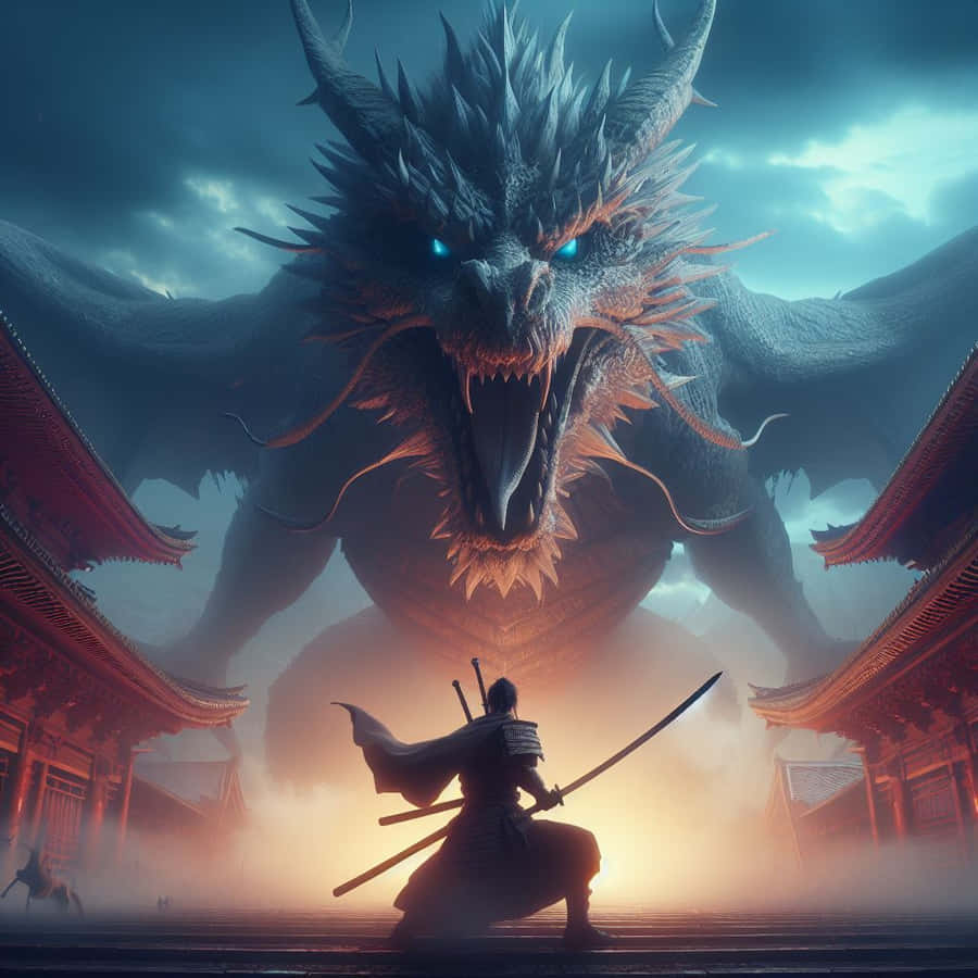 Samurai Facing Dragon Standoff Wallpaper