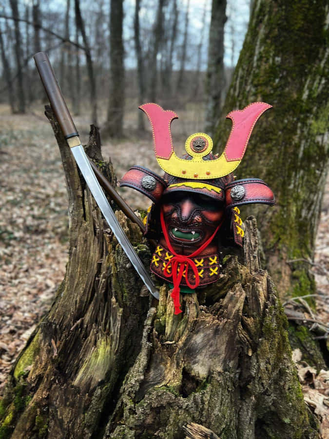 Samurai Helmetand Swordin Forest Wallpaper