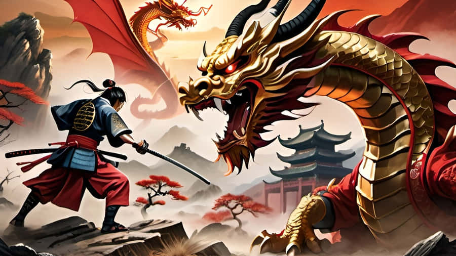 Samurai Versus Dragon Epic Confrontation Wallpaper