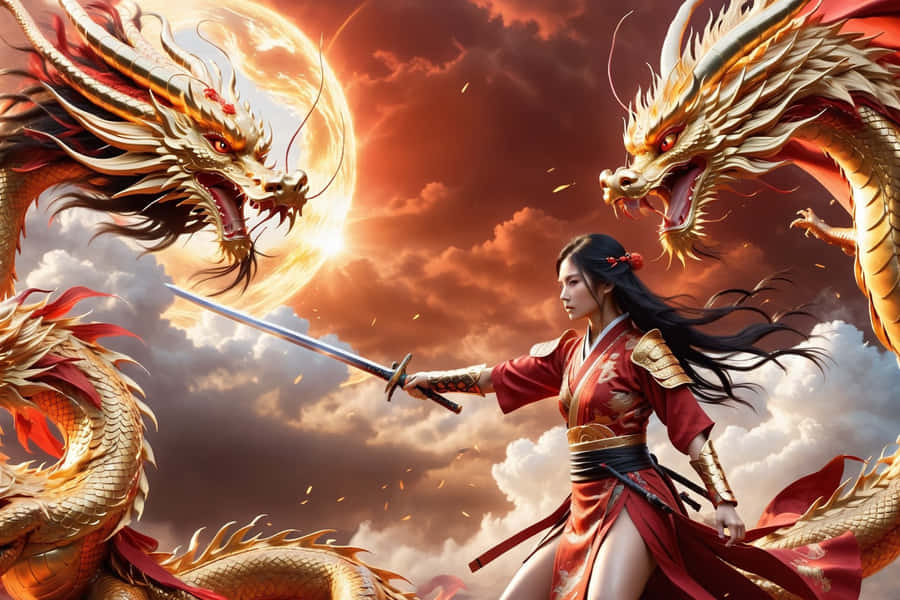 Samurai Warriorand Dragon Standoff Wallpaper