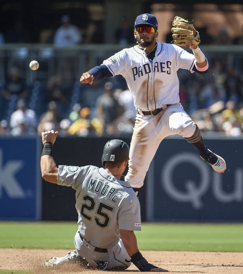 San Diego Padres Fernando Tatis Jr. And Dylan Moore Celebrate A Home Run. Wallpaper