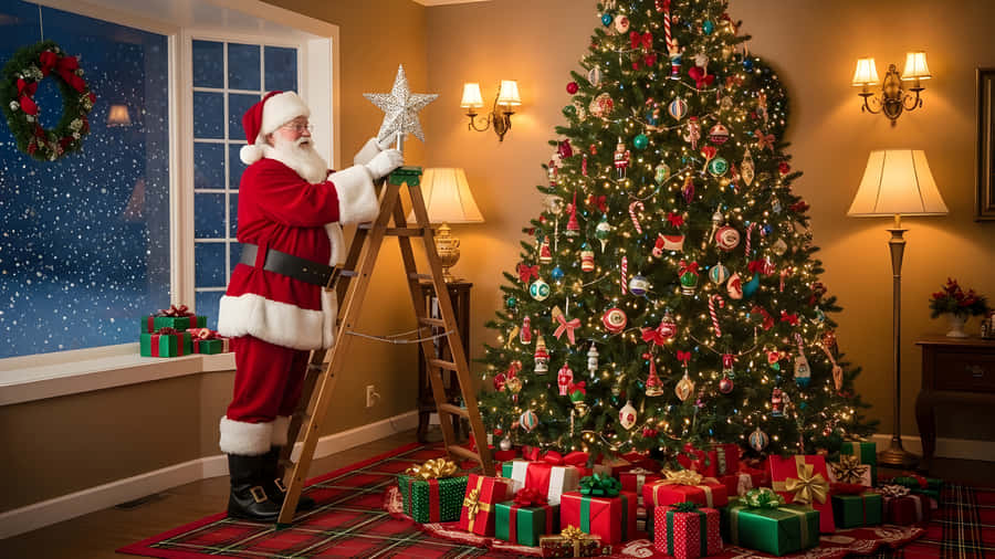 Santa Claus Decorating A Large Christmas Tree Indoors Wallpaper